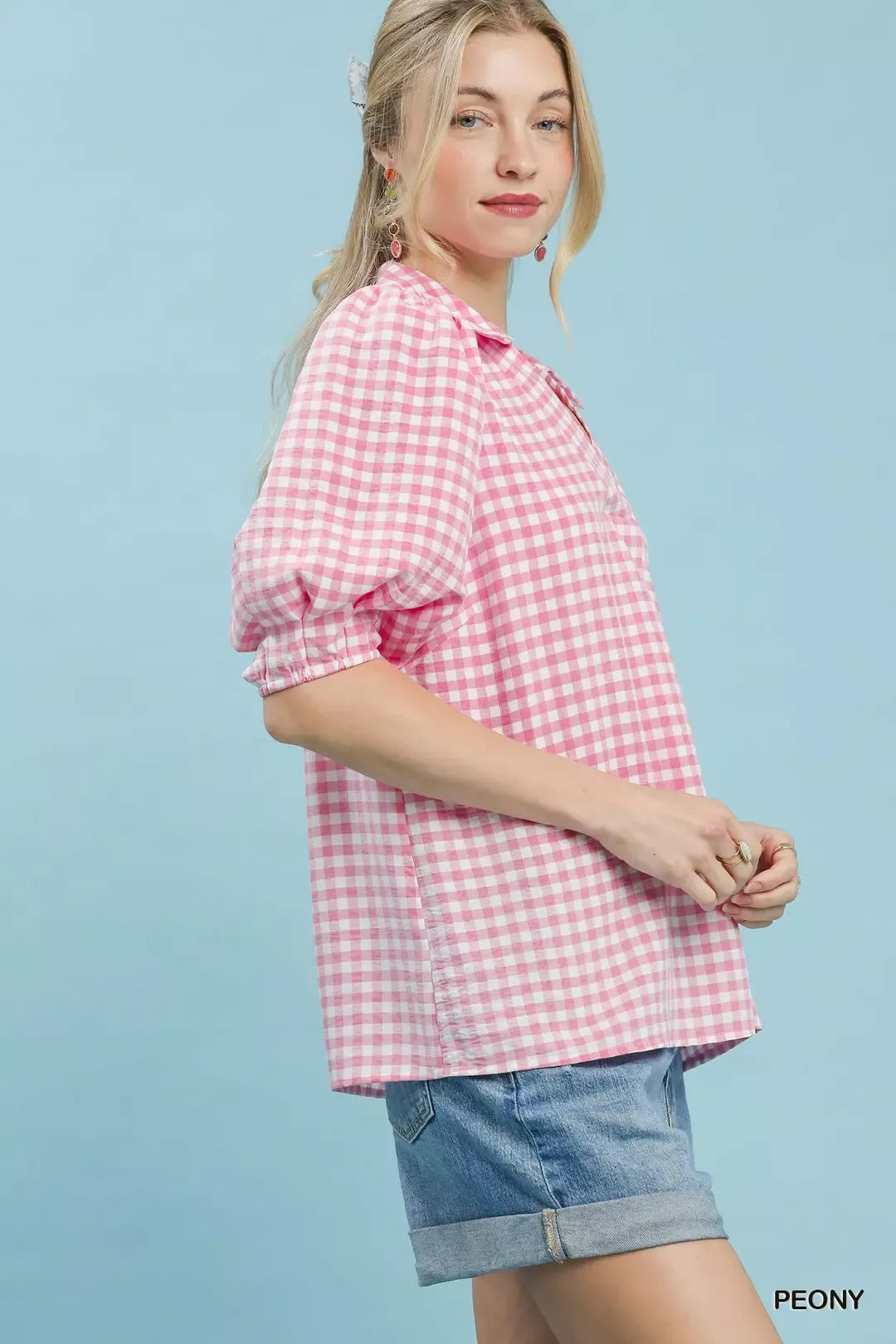 Umgee Gingham Puff Sleeve Collared Blouse