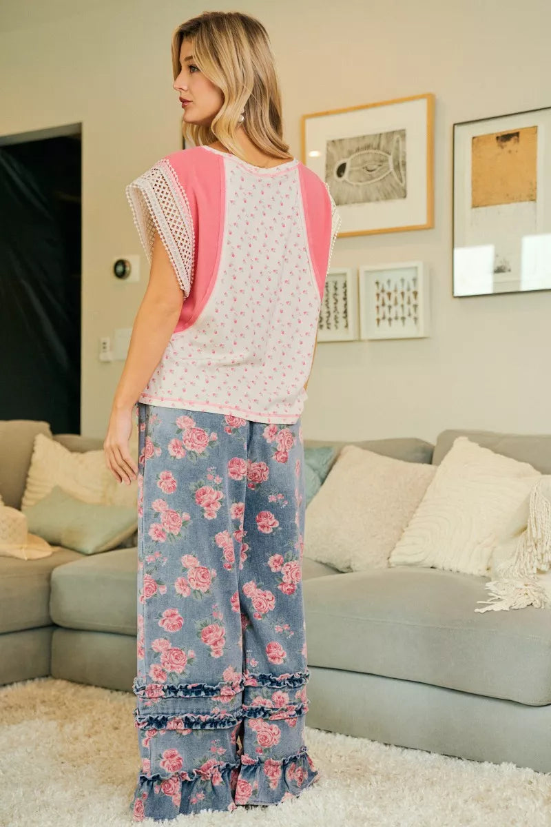 BiBi Washed Floral Denim With Ruffle Elastic Wide Pants