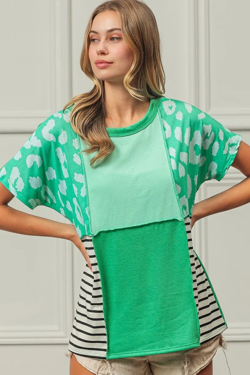 BiBi Leopard and Stripe Color Block Top With Exposed Seam