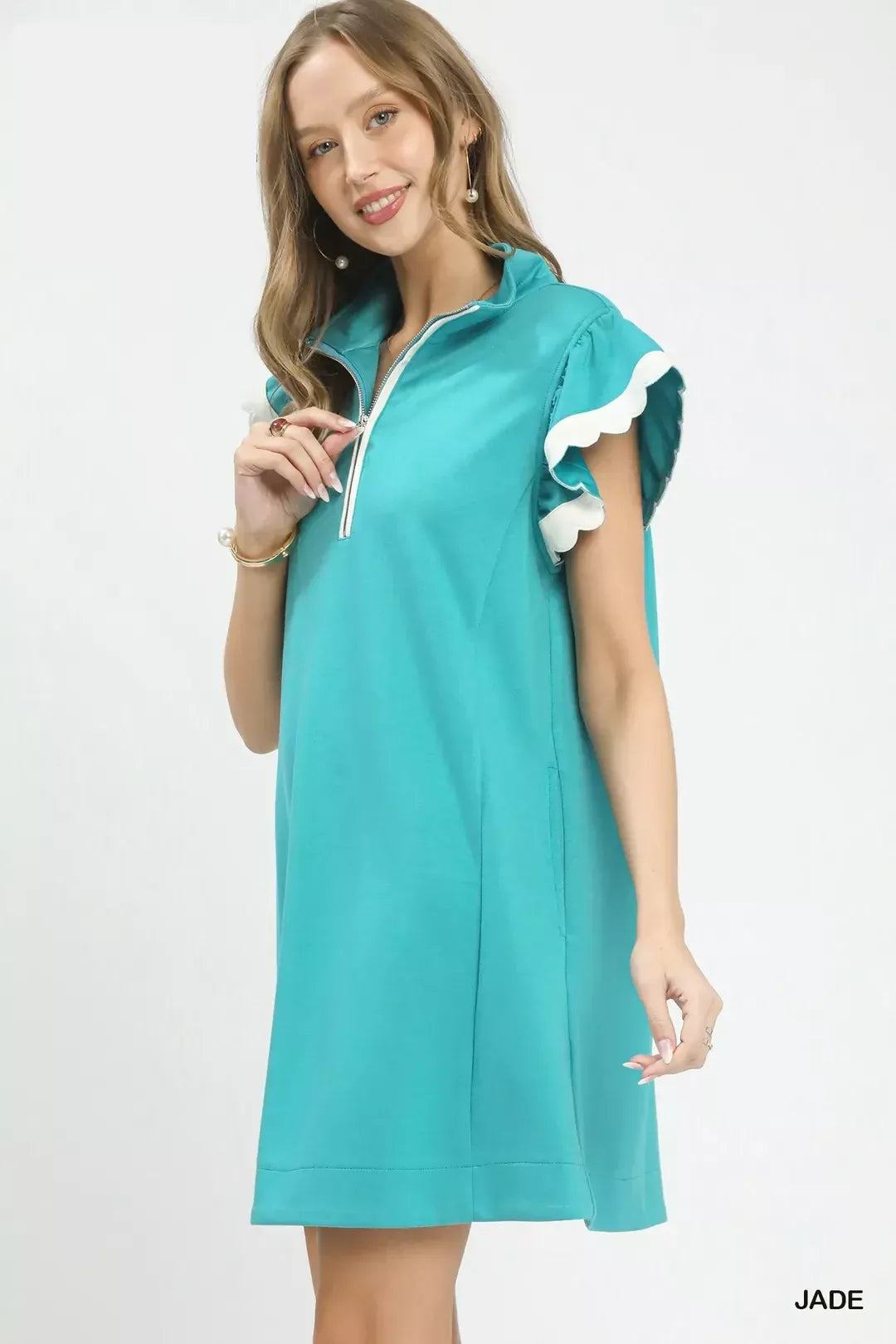 Umgee Zip-Neck Flutter Sleeve Dress