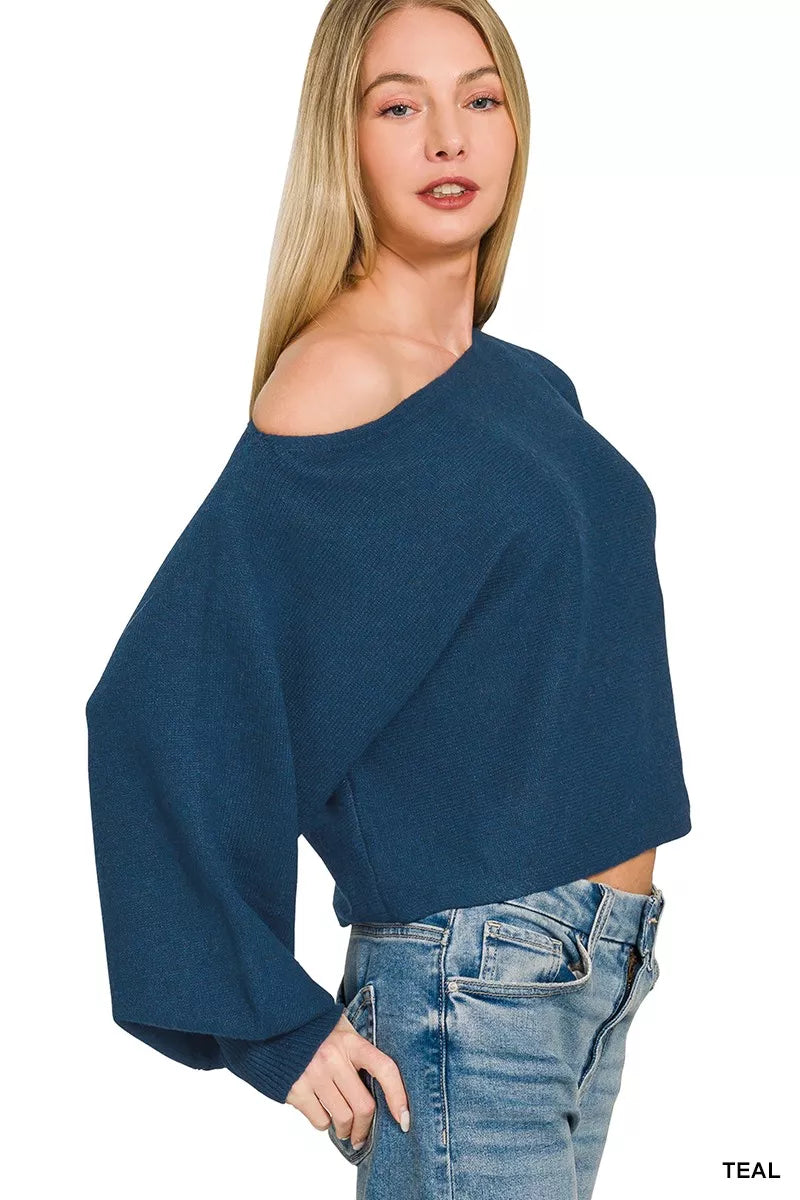 Zenana Boat Neck Balloon Sleeve Sweater