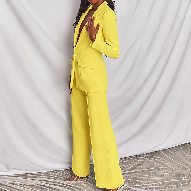 2pcs Casual Suit Lapel Button-down Blazer Jacket And Straight-leg Pants Office Commuting Business Trousers Set Clothing (See size chart where applicable)