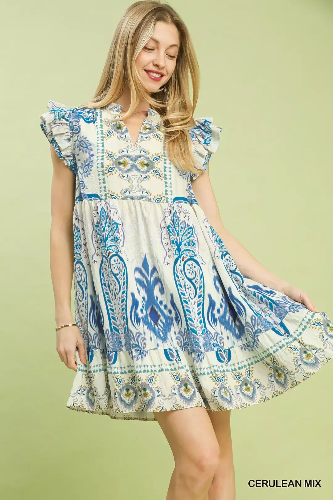 Umgee Mix Ruffle Sleeve Boho Print Dress