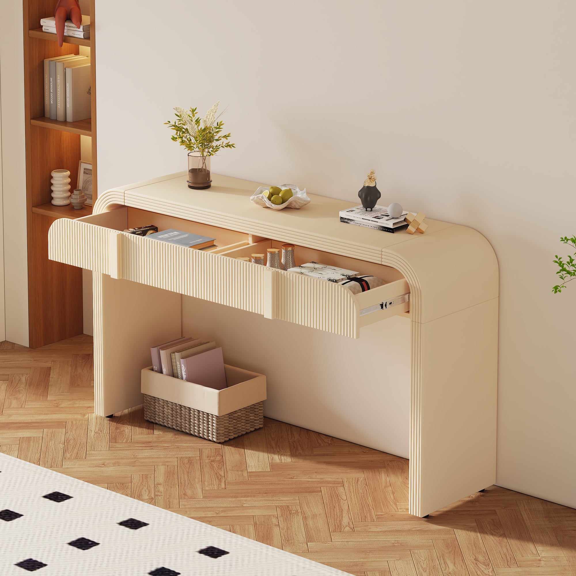 TREXM Modern Console Table with 2 Storage Drawers, Fluted Entryway Table with Rounded Silhouette for Hallway Living Room and Entryway (Apricot Cream)