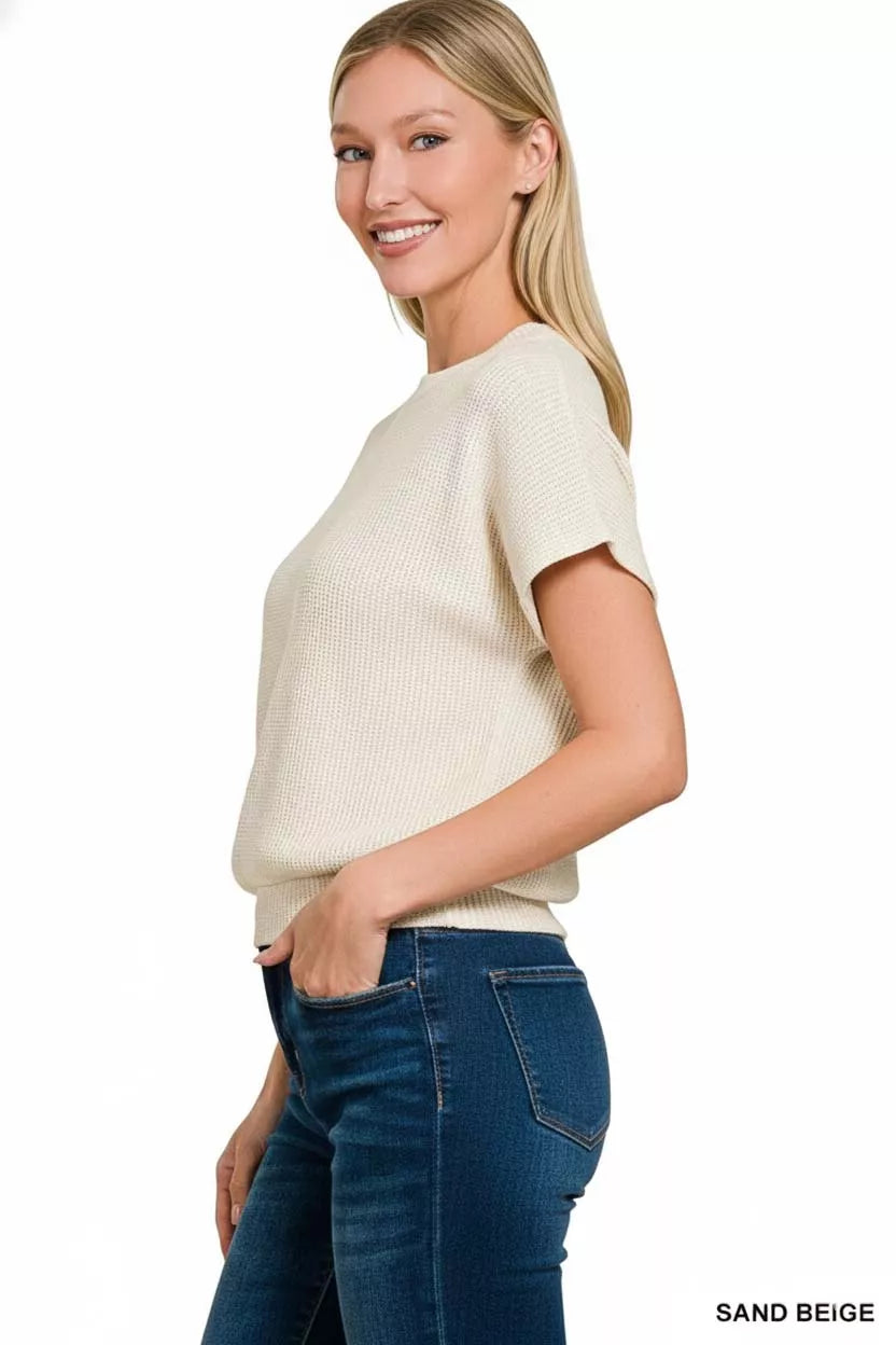 Zenana Round Neck Banded Botton Short Sleeve Sweater