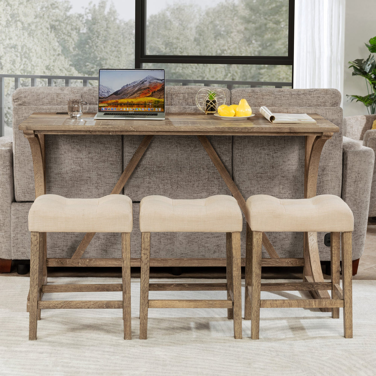 4-Piece Bar Table Set with Power Outlet, Dining Bar Table and Chairs Set, Bar Table Set with 3 Padded Stools for Living Room, Dining Room, Game Room, Brown