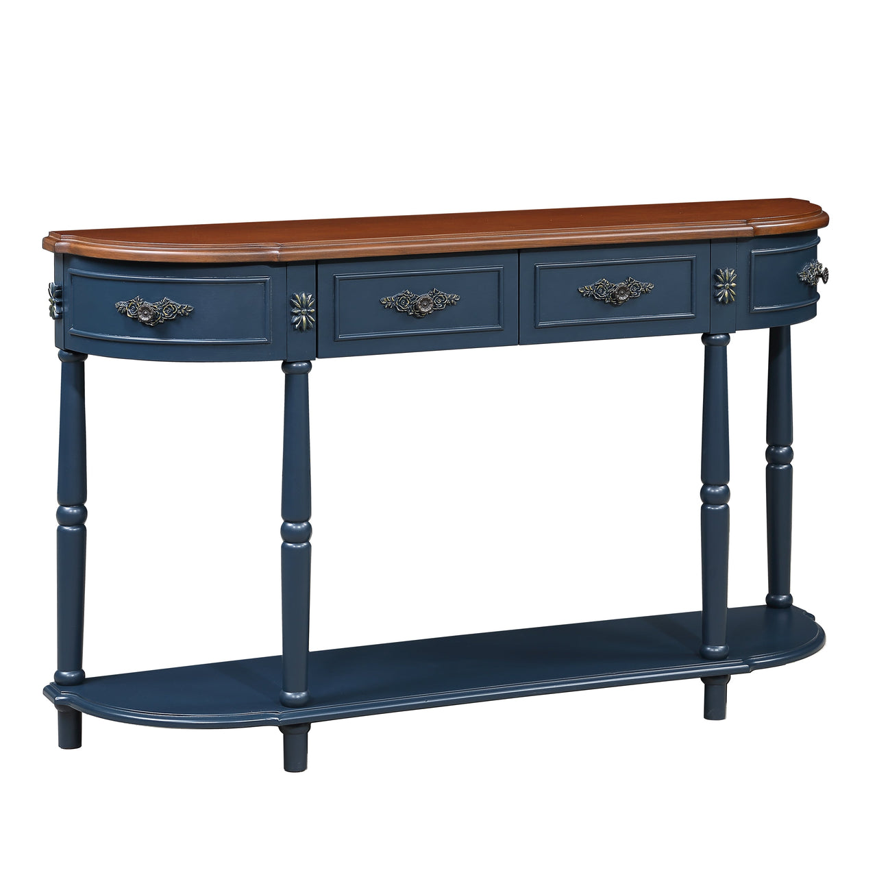 Retro Curved Wood Console Table, 52 inch Circular Half Moon Sofa Table with Open Shelf and 2 Drawers, Solid Wood Entry Table for Living Room, Hallway, Navy Blue + Brown Top