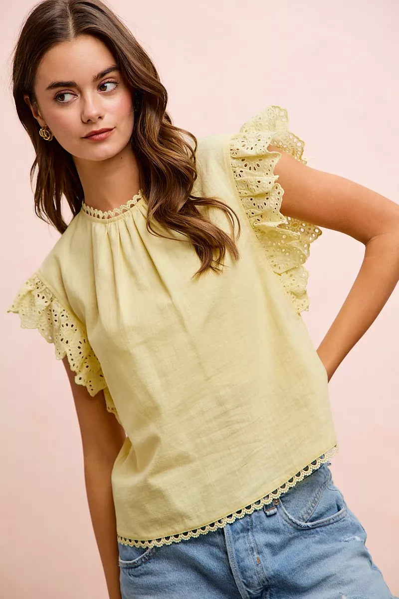 BiBi Cotton Solid Ruffle Sleeve Lace Detail Blouse Top