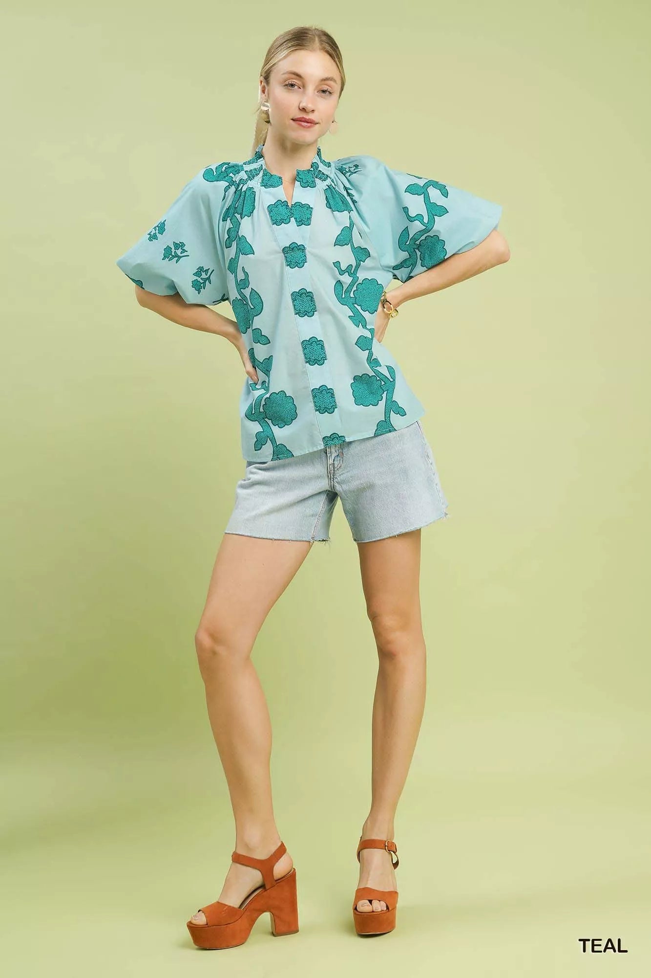Umgee Floral Smocked Notched Puff Sleeve Blouse