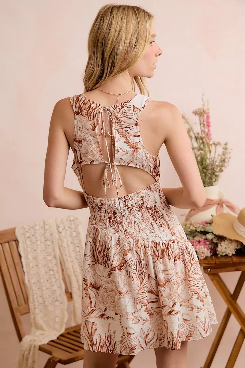 SO ME Shell Print Smocked Fit And Flare Mini Lined Dress