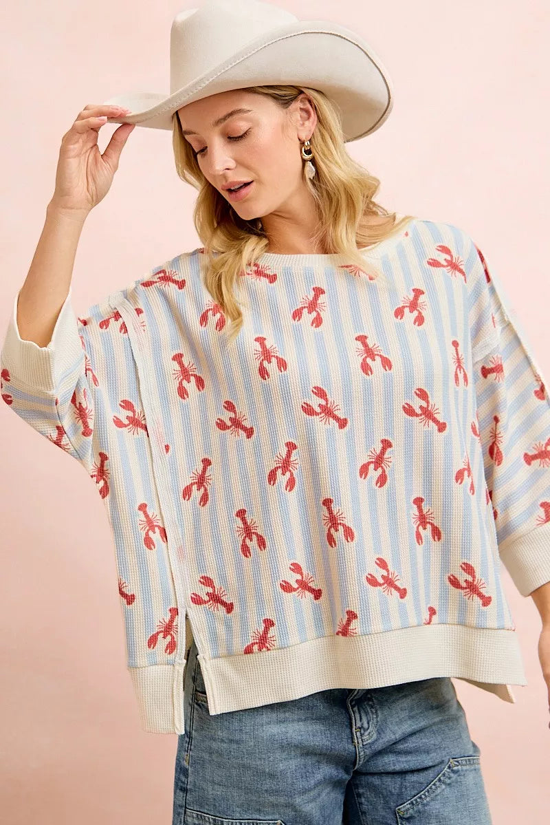 BiBi 4th Of July Lobsters Stripe Waffle Knit Sleeve Top