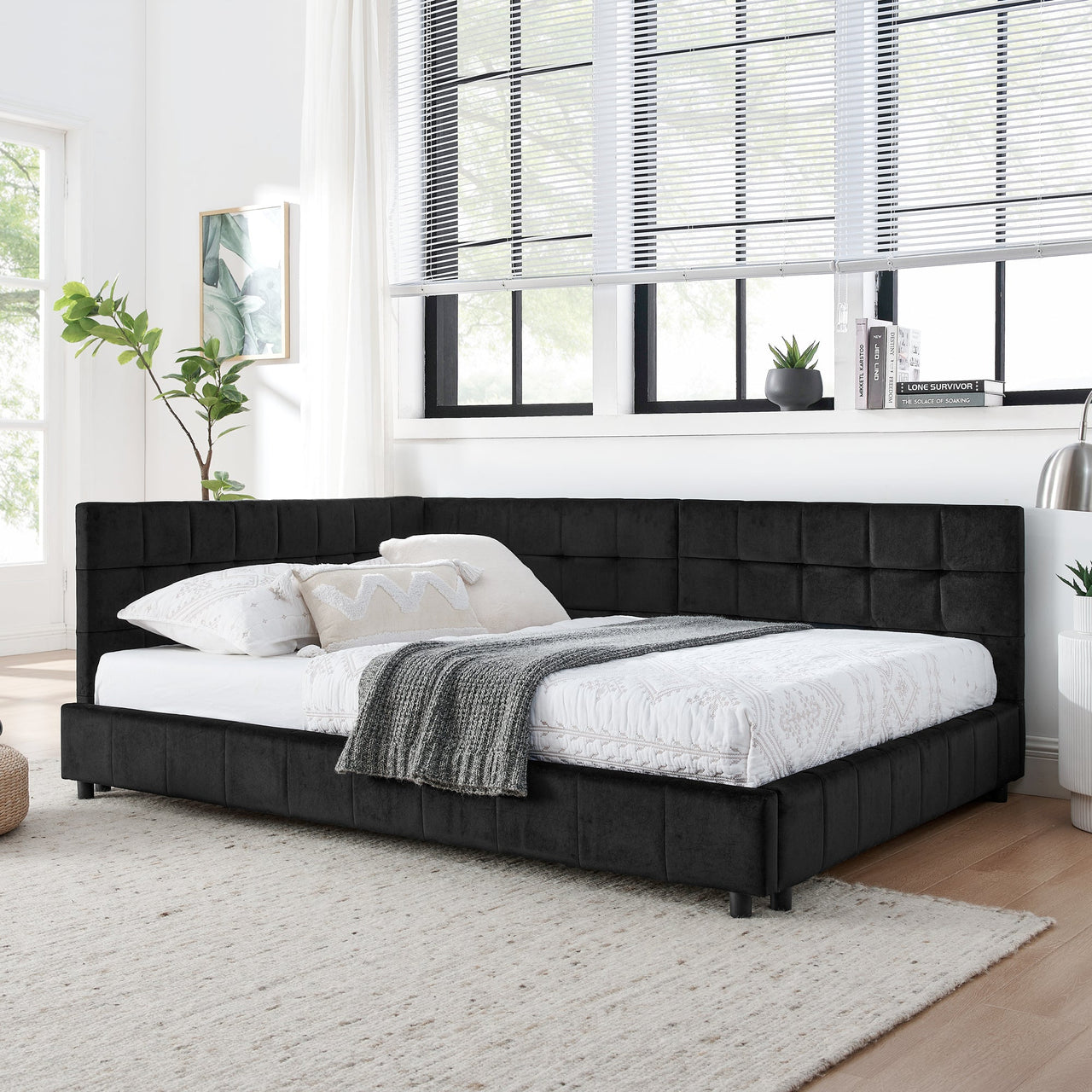 Mid-Century Full Size Upholstered Tufted Bed Frame with Comfortable Backrest and Armrests, Velvet, Black