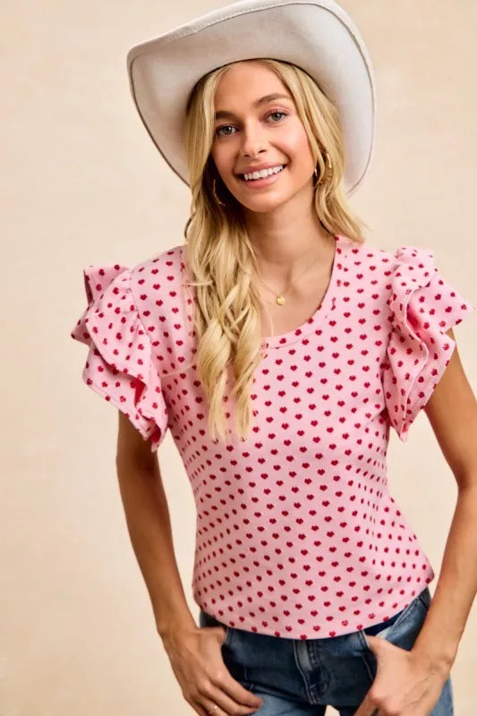 BiBi Heart Patterned Knit Ruffled Sleeves Top