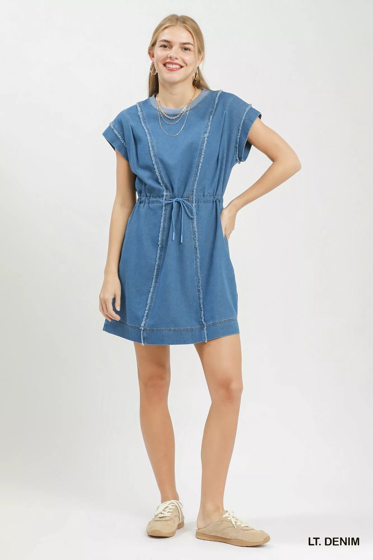 Umgee Drawstring Waist Frayed Denim Mini Dress