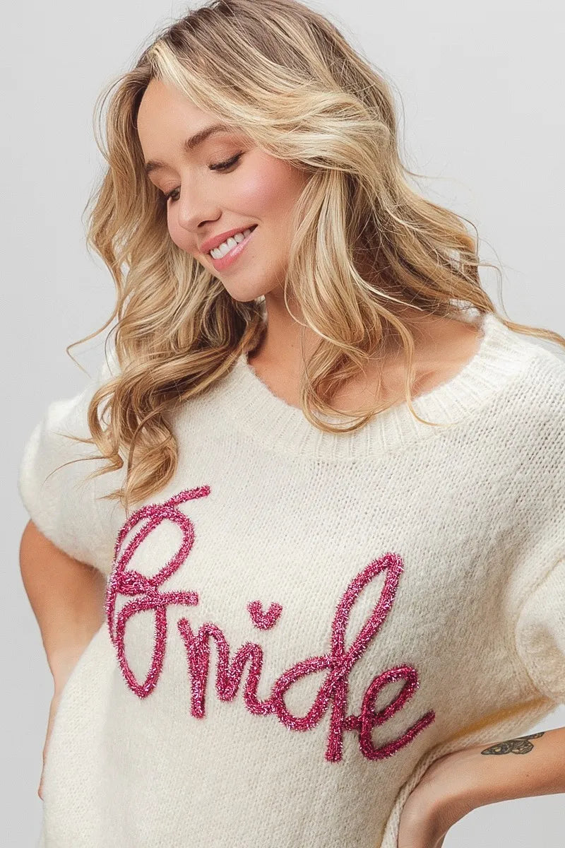 BiBi Metallic Letter Short Puff Sleeve Hairy Sweater