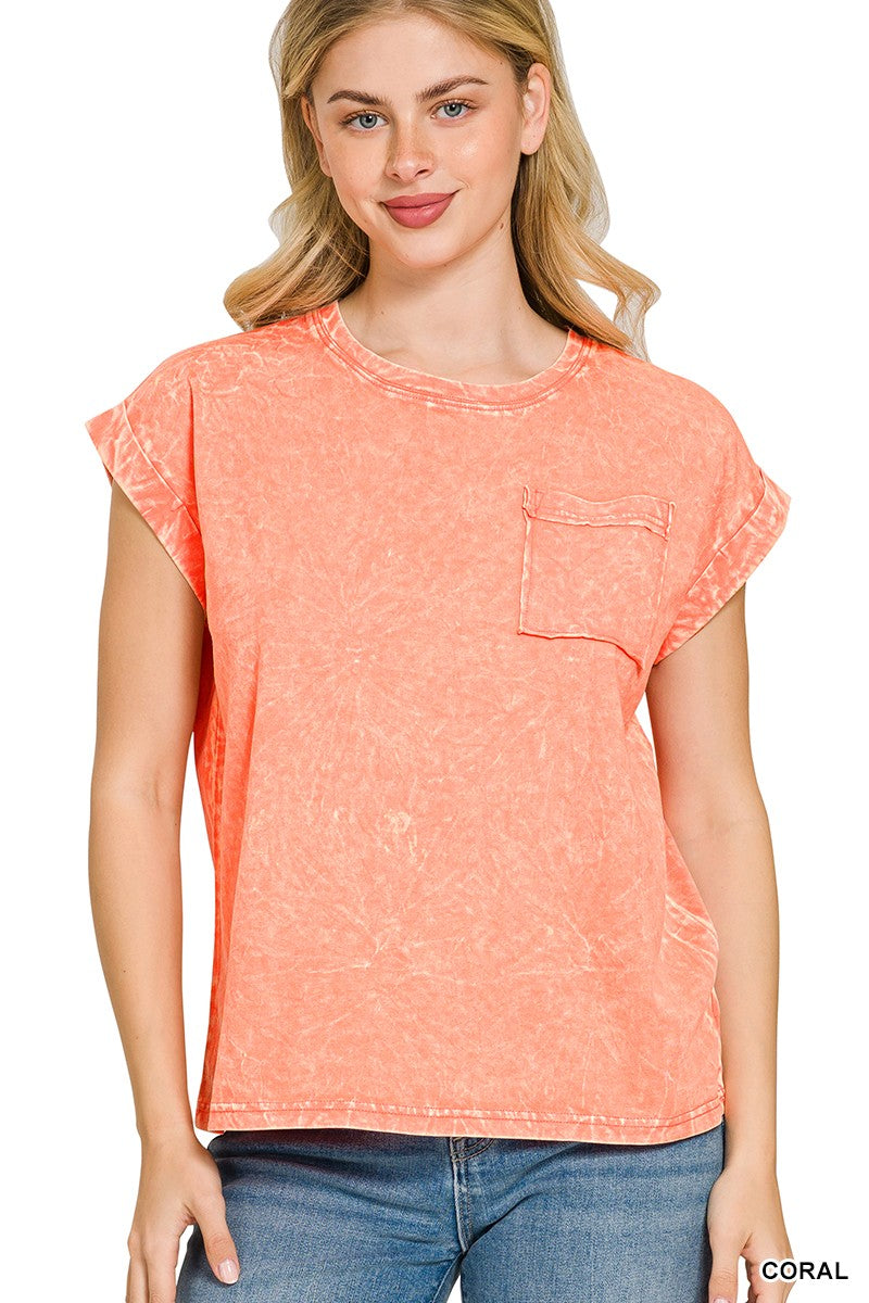 Zenana Crinkle Washed Round Neck Folded Short Sleeve Tee