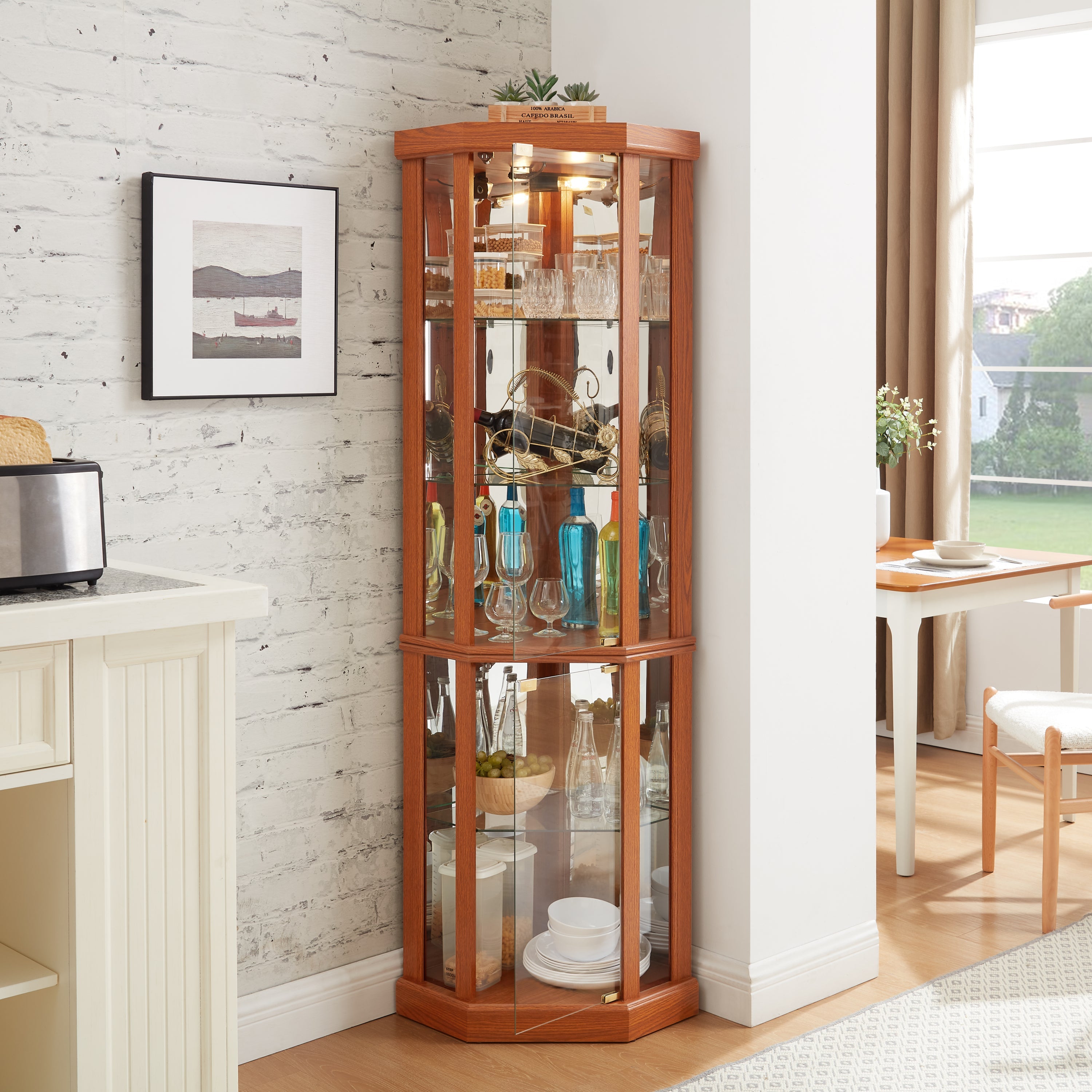 Corner Lighted Curio Cabinet Corner Glass Cabinet Lighted Curio Cabinet Corner Display Case for Living Room, Curio Cabinet, Antique collection, Wine,Bar Glass Storage Light Included,Dark oak