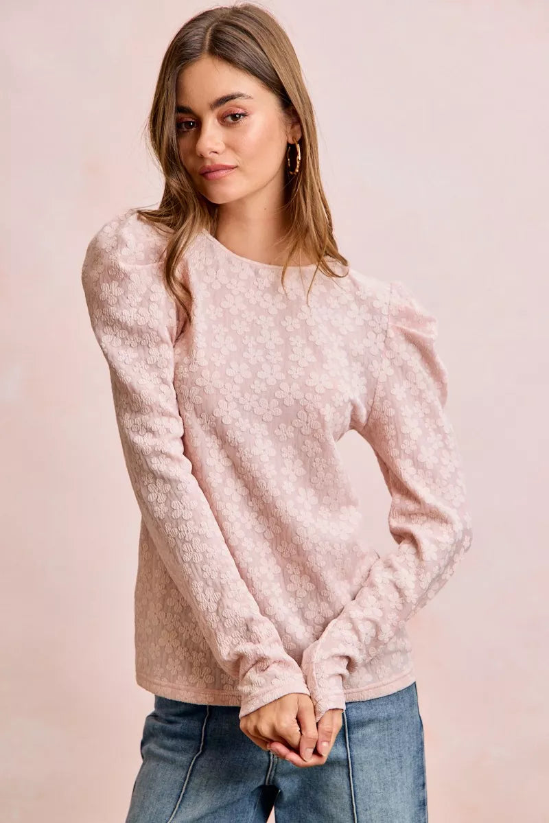 BiBi Textured Flower Knit Puff Shoulder Top