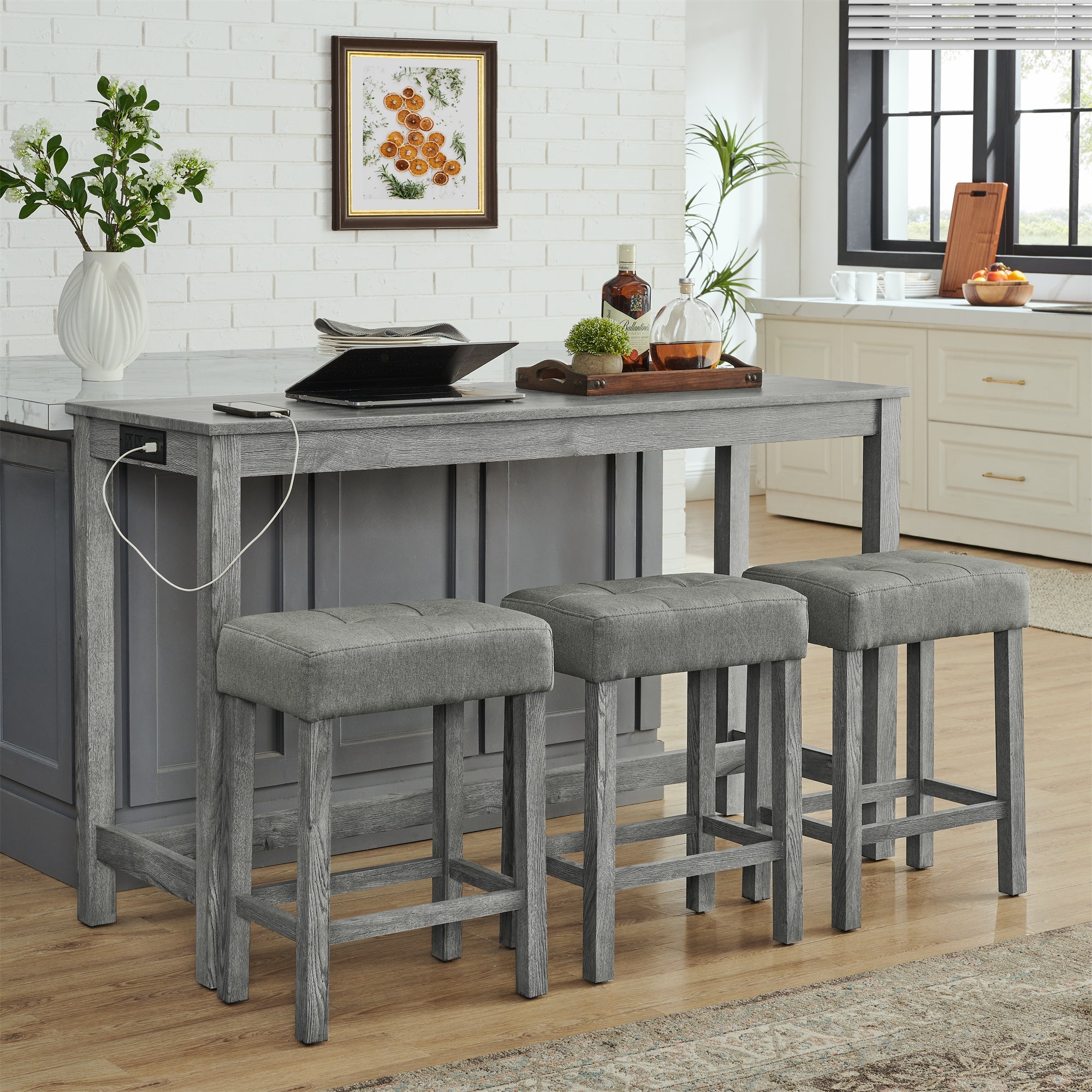 59 Inch Bar Table, Dining Table, Sofa Table with Power Outlet, 3 Upholstered Stools, 4 Piece Bar Table and Chair Set for Living Room, Dining Room, Kitchen