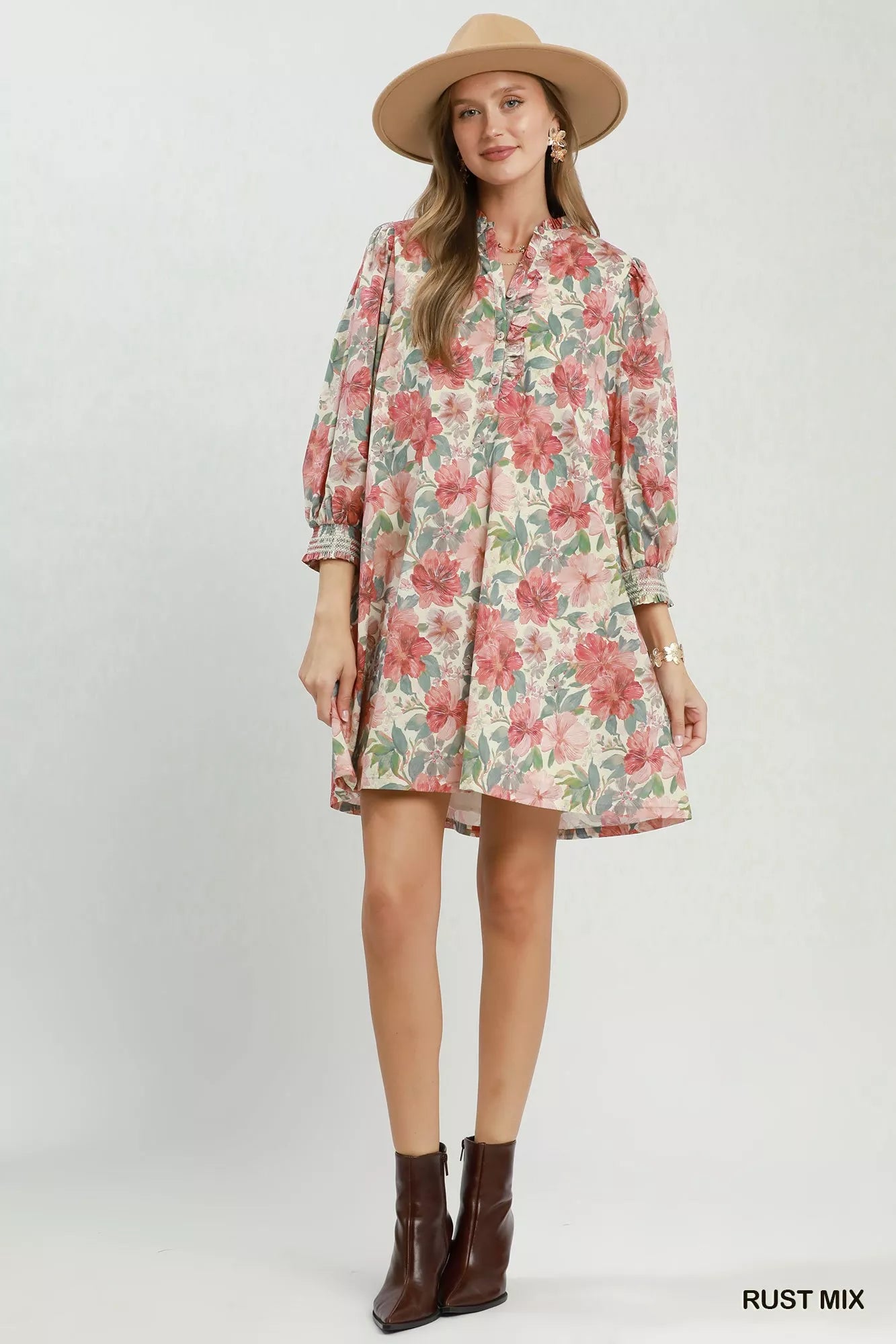 Umgee Mix Floral Print Smocked Cuff Mini Dress