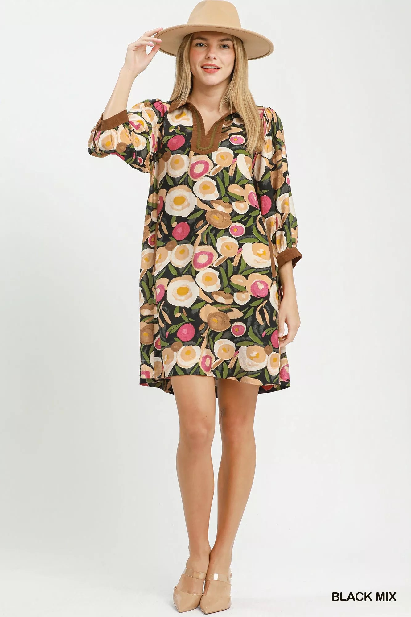Umgee Mix Floral Contrast Trim Shift Mini Dress