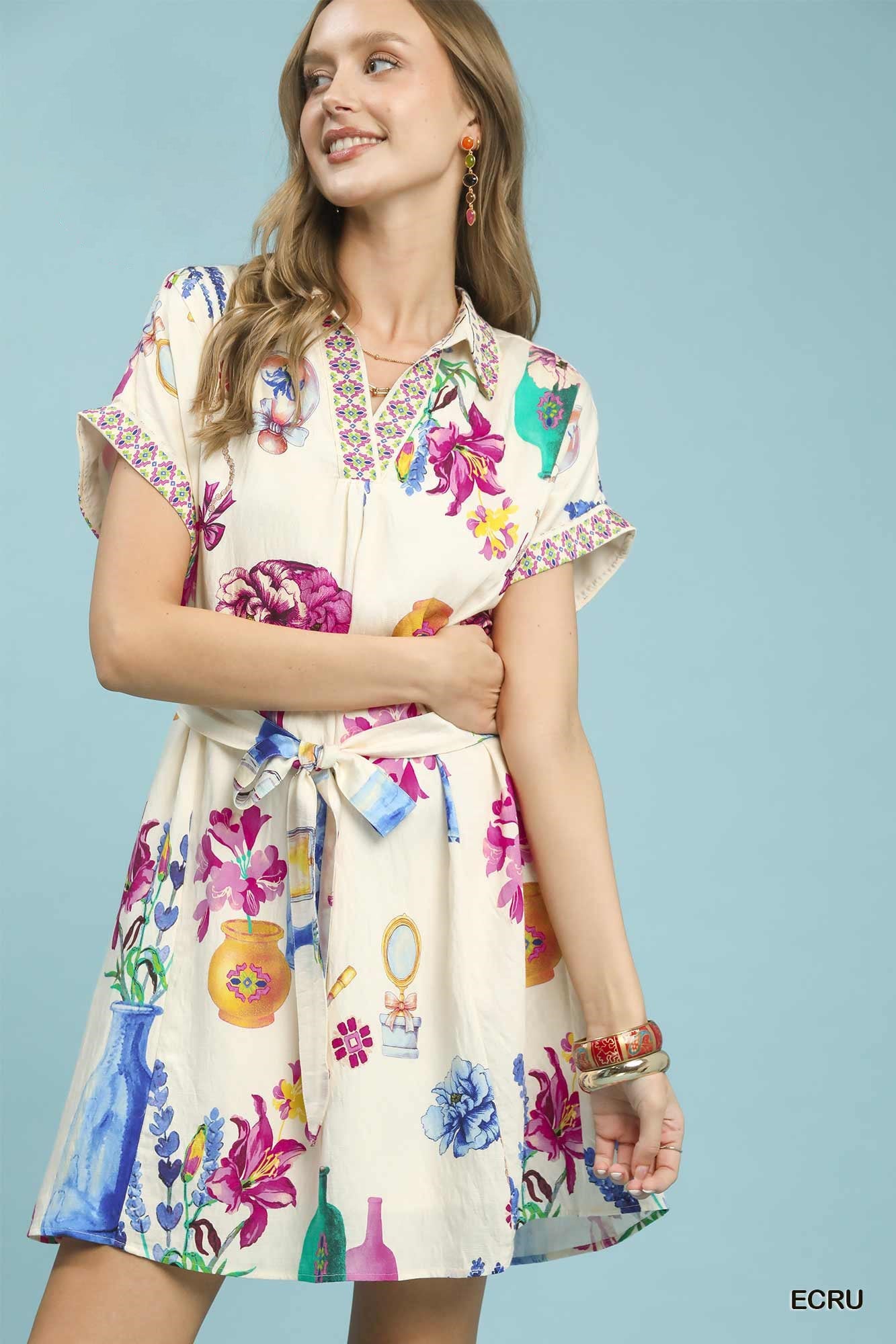 Umgee Floral Print Mini Dress with Belt