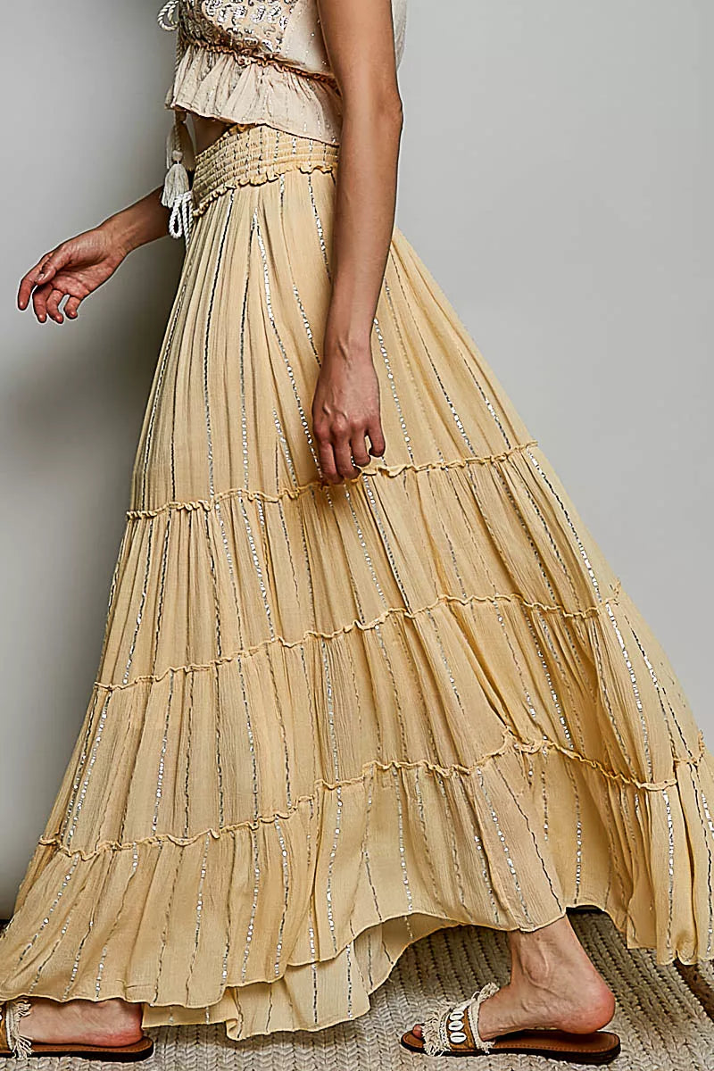 POL Shimmer Tiered Reverse Ruffle Smocked Waist Maxi Skirt