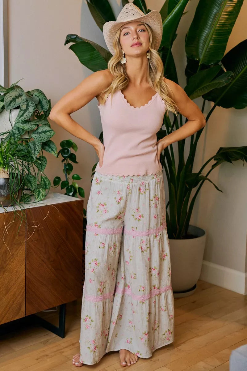 BiBi Rose Printed Gauze Trim Detail Smocked Maxi Pants