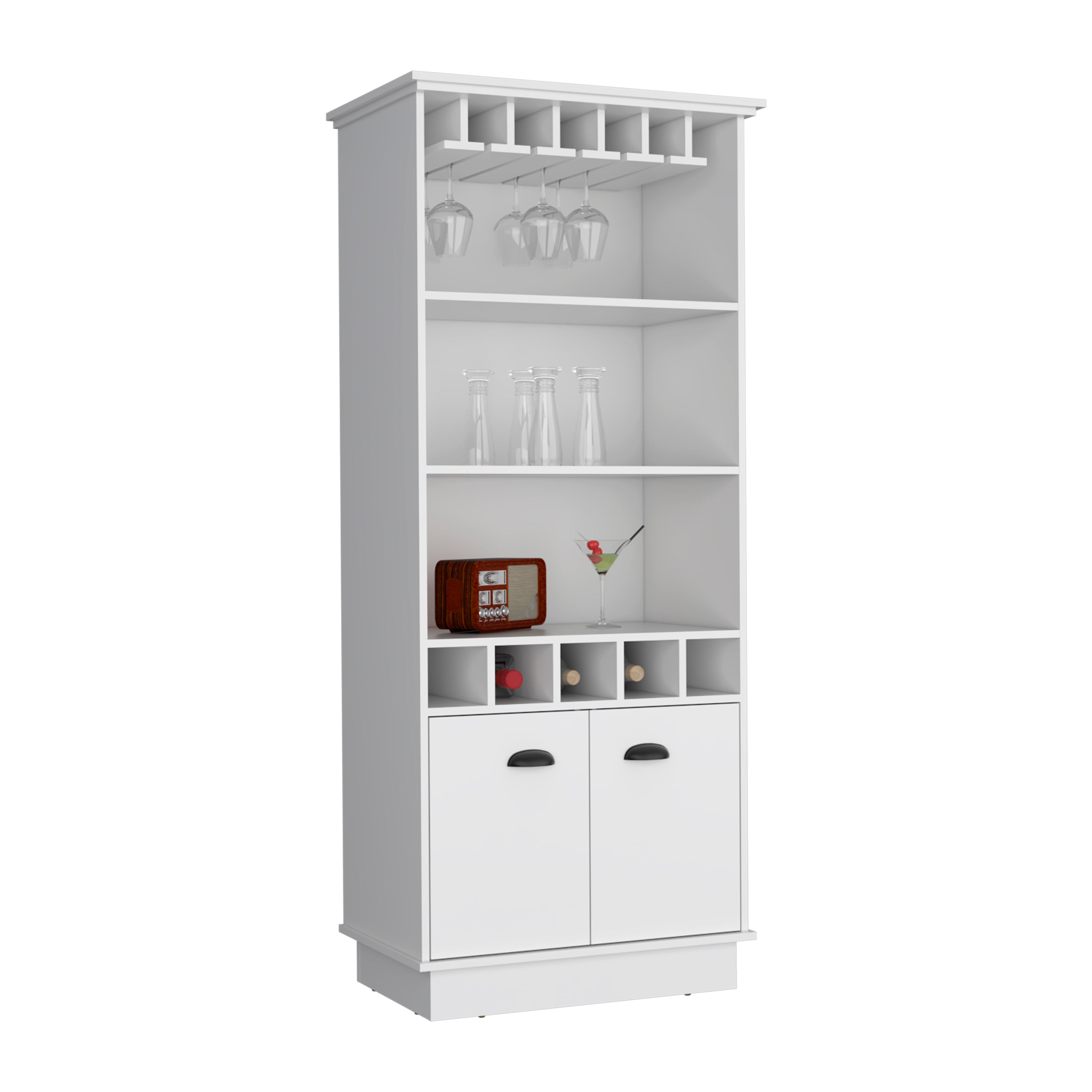 70'H Bar Cabinet with Wine Rack, Upper Glass Cabinet, three Open Storage Shelves and One Cabinet,White