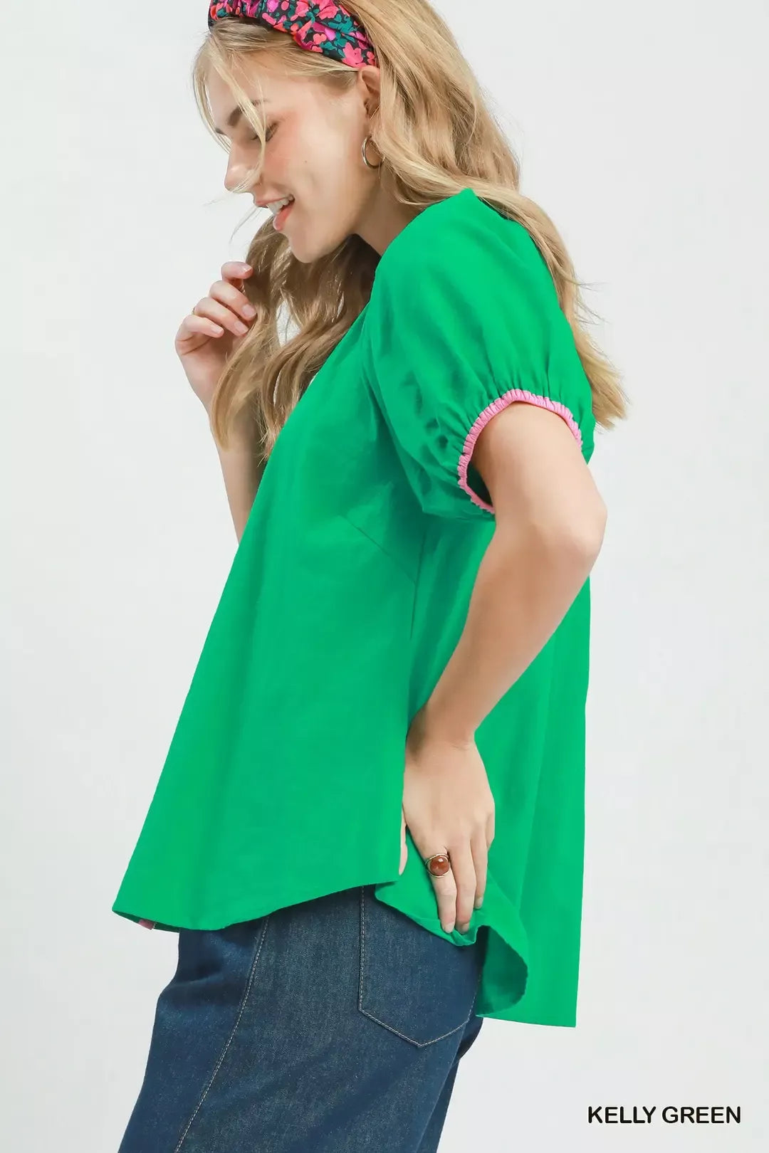Umgee Contrast Trim Button Front Puff Sleeve Blouse