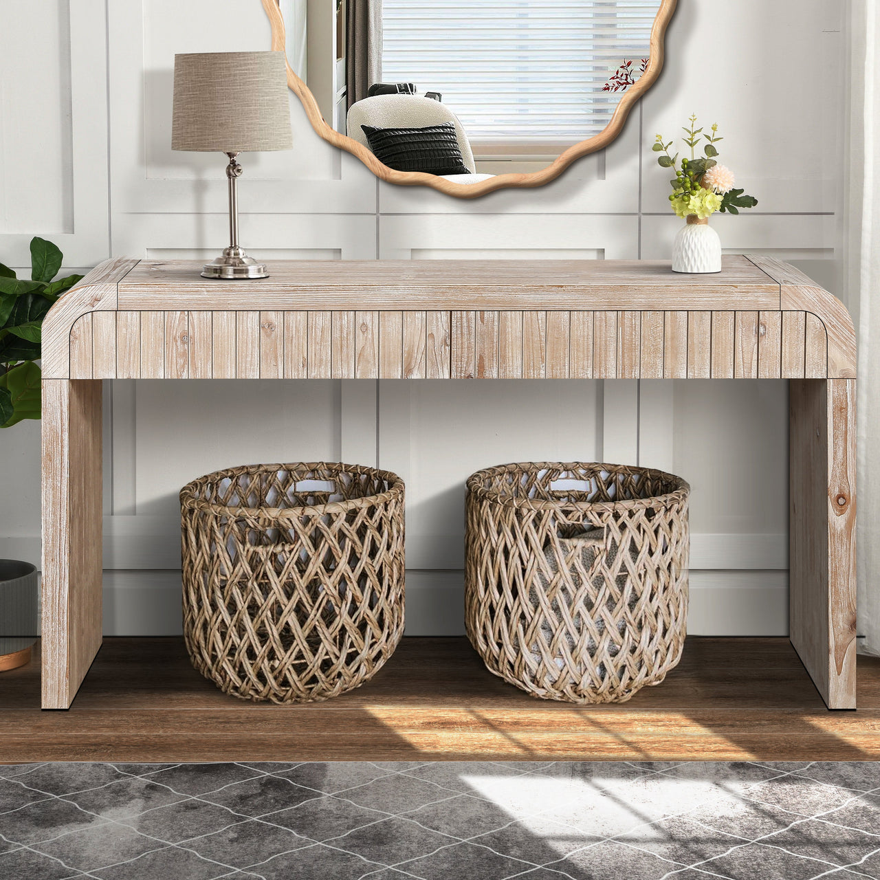 59'' Vintage Crafted Entryway Table,Two Hidden Handle Drawers,Farmhouse Console Table ,Easy Assembly,for Entrance & Dinning Room & Living Room & Hallway (Natural Wood)