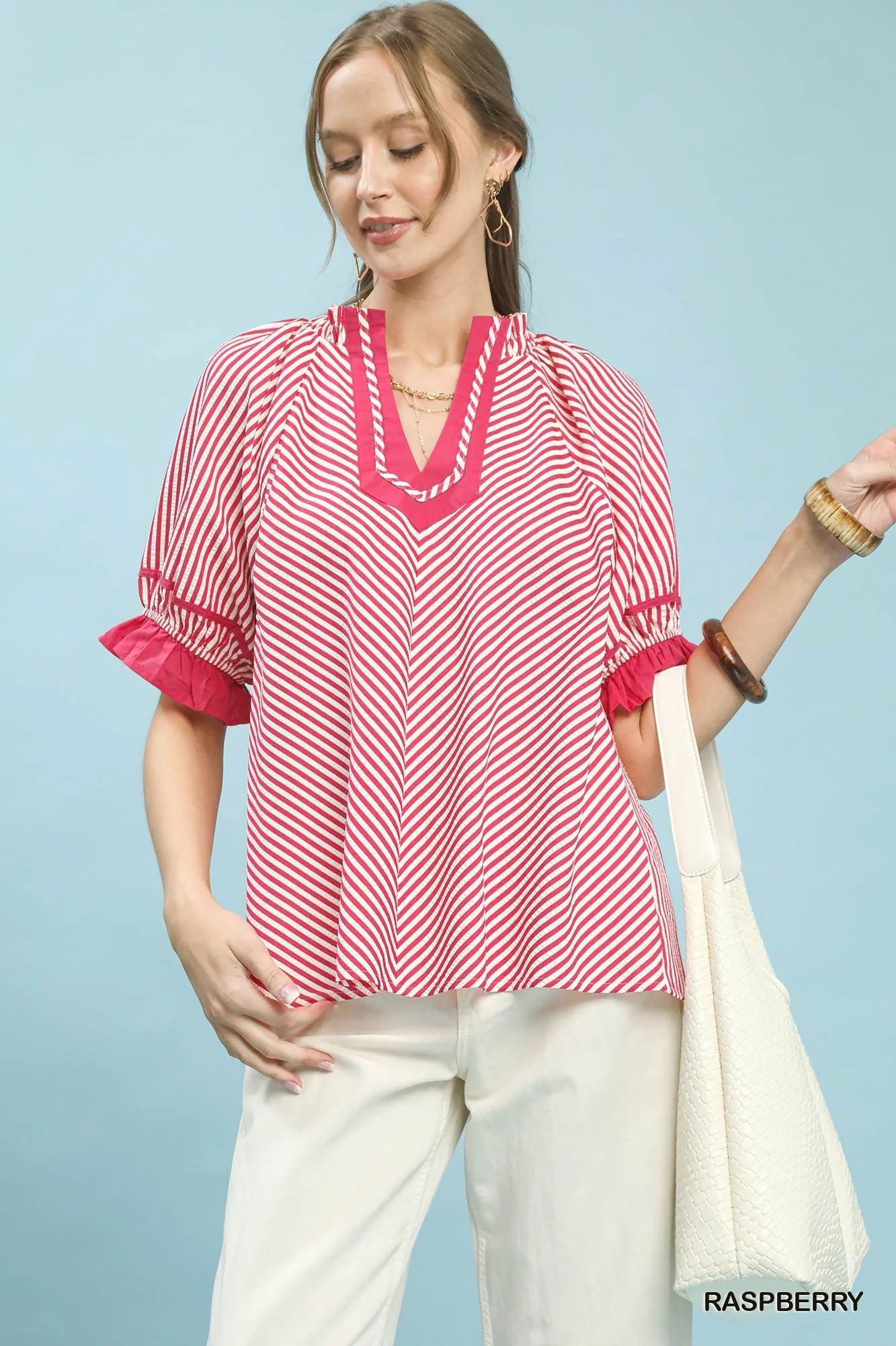 Umgee Stripe Ruffle Sleeve Split-Neck Blouse
