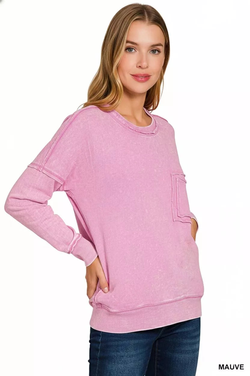 Zenana French Terry Washed Raw Edge Front Pocket Pullover