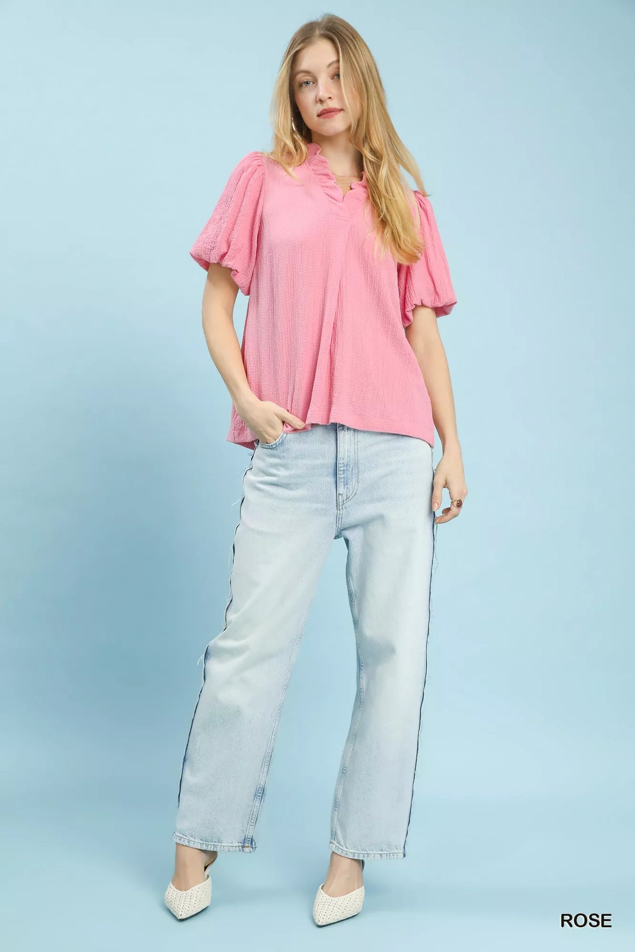 Umgee Seersucker Puff Sleeve Blouse