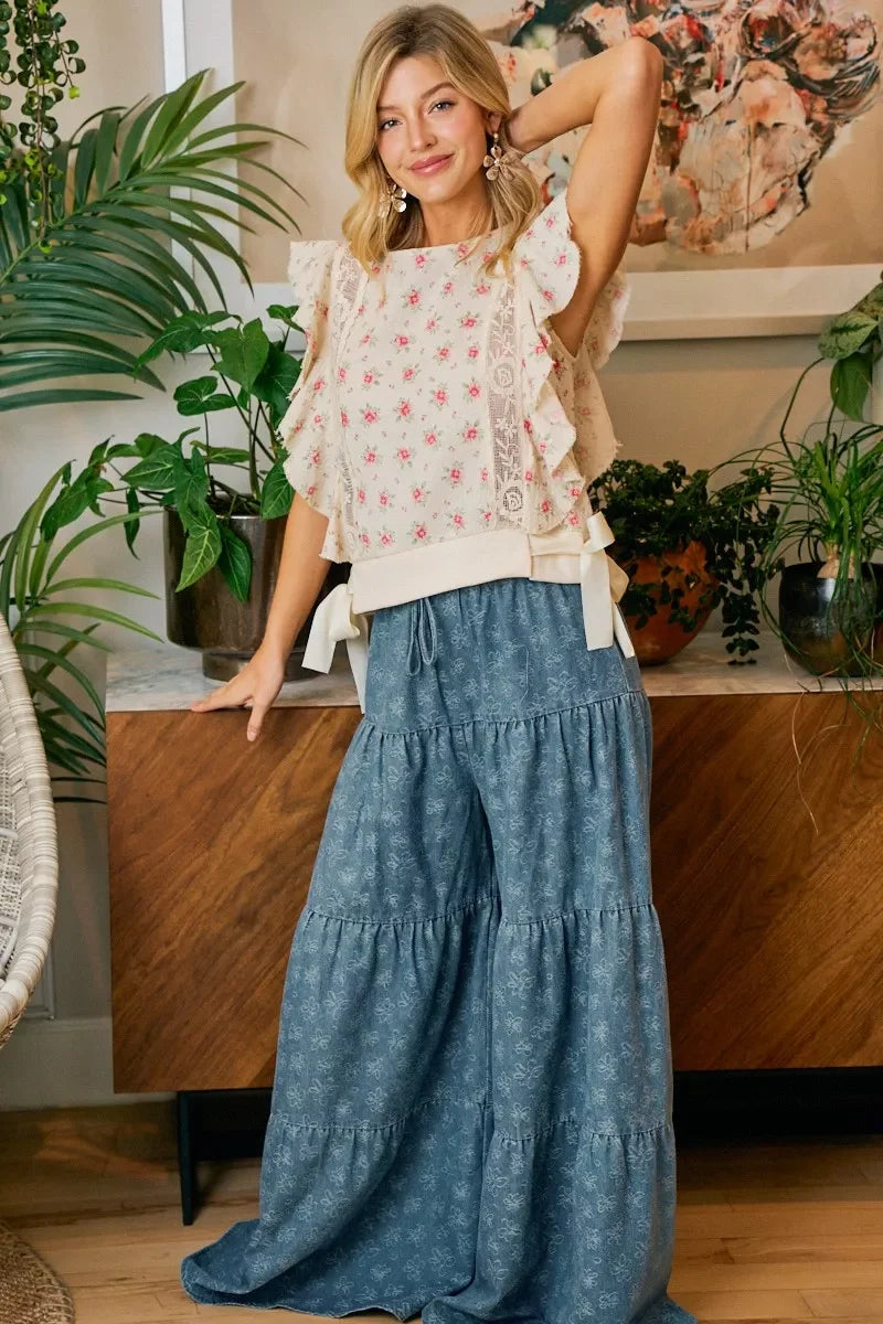 BiBi Flower Printed Ruffle Sleeve Trim Detail Top
