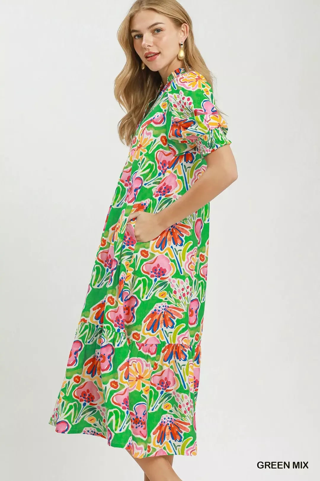 Umgee Floral Print Puff Sleeve Tiered Midi Dress