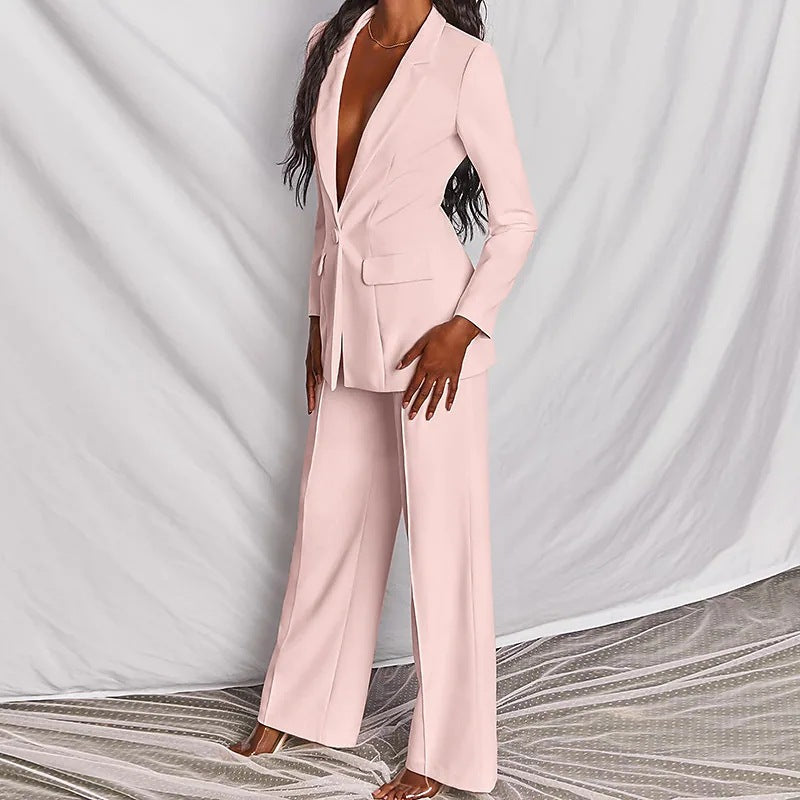 2pcs Casual Suit Lapel Button-down Blazer Jacket And Straight-leg Pants Office Commuting Business Trousers Set Clothing (See size chart where applicable)