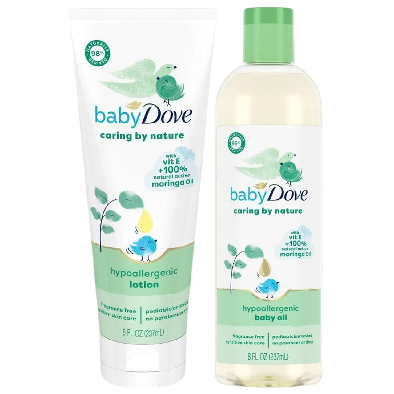 Dove Baby Oil & Baby Lotion Caring by Nature – Hypoallergenic Oil & Lotion Nourishing Moringa Oil & Vitamin E Oil for Skin Fragrance Free 8 Oz Ea (2 Piece Set)