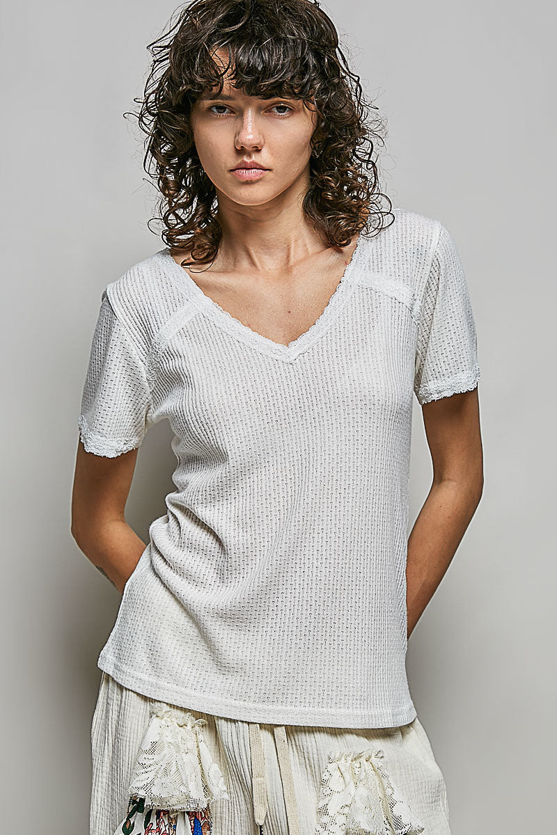 POL Lace Detail V-Neck Short Sleeve Textured T-Shirt