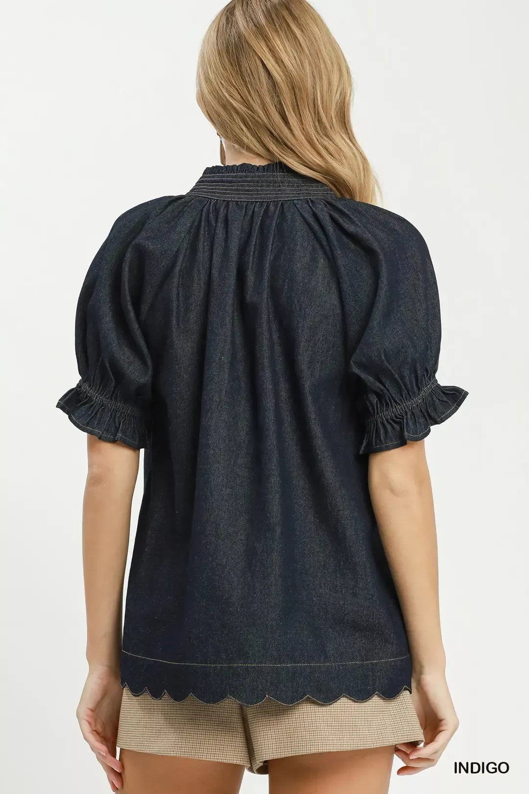 Umgee Chambray Puff Sleeve Scallop Hem Blouse