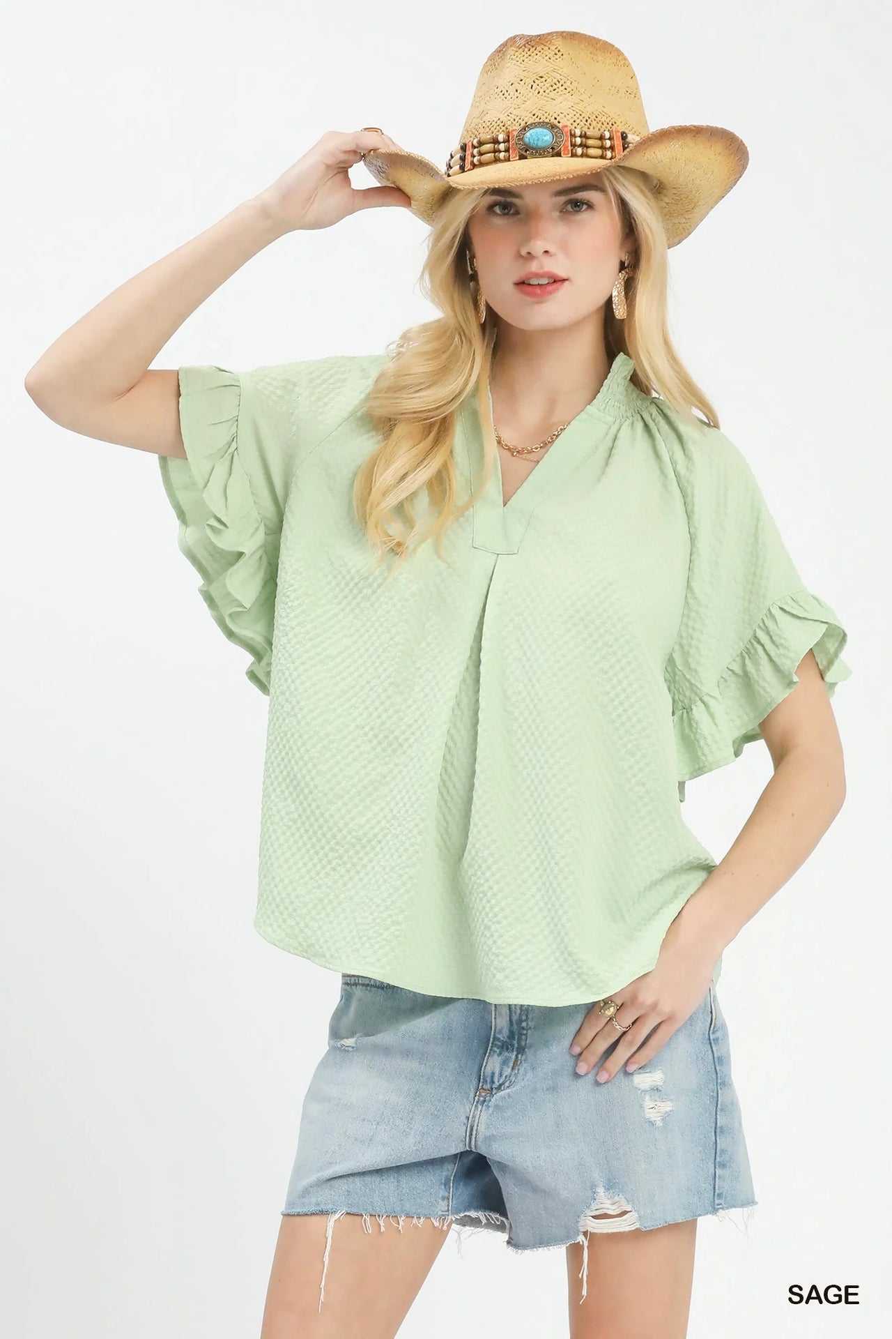 Umgee Textured Ruffle Sleeve Blouse