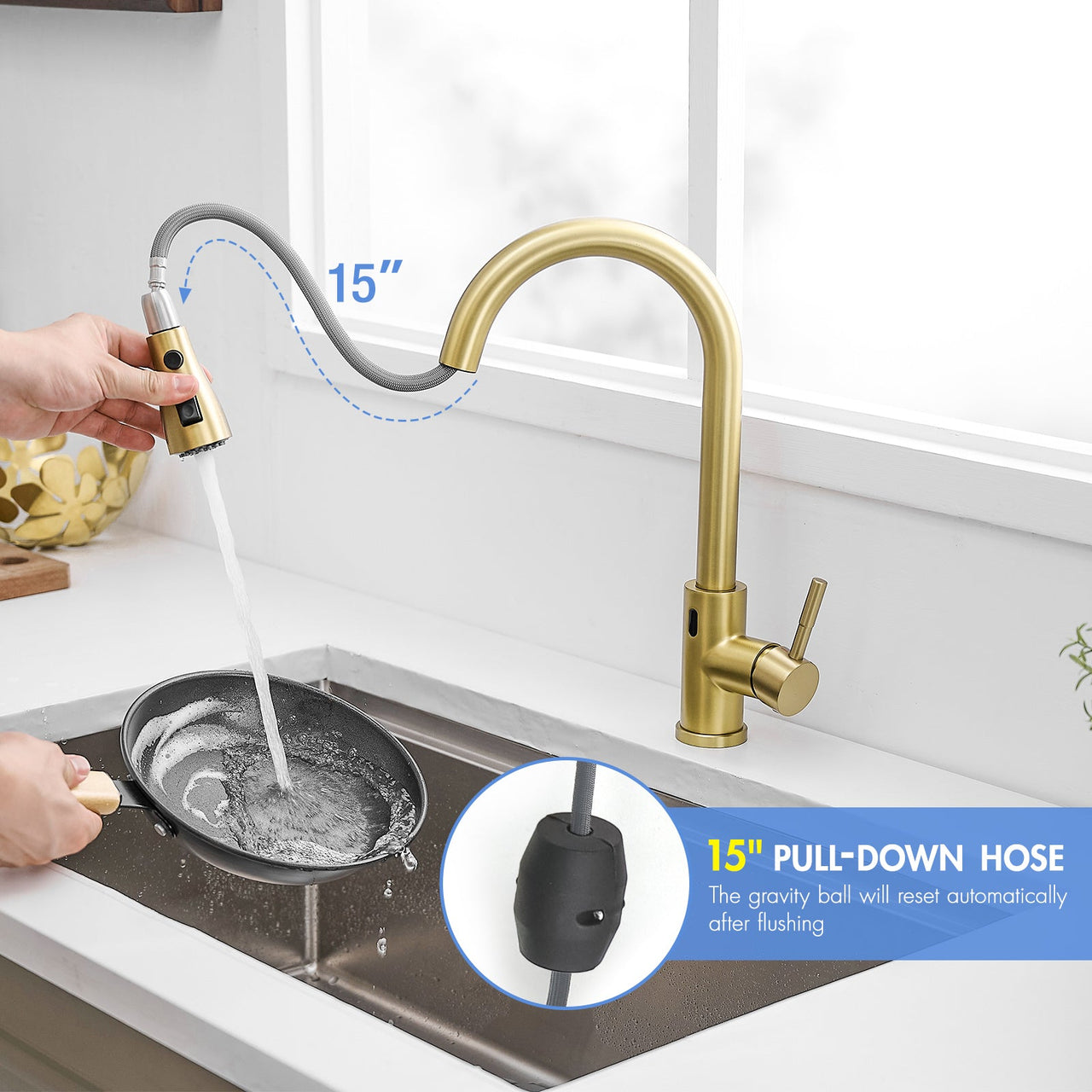 Touchless Kitchen Faucet, Hands Free Automatic Smart Kitchen Faucet, Stainless Steel Touchless Kitchen Faucet Brushed Gold