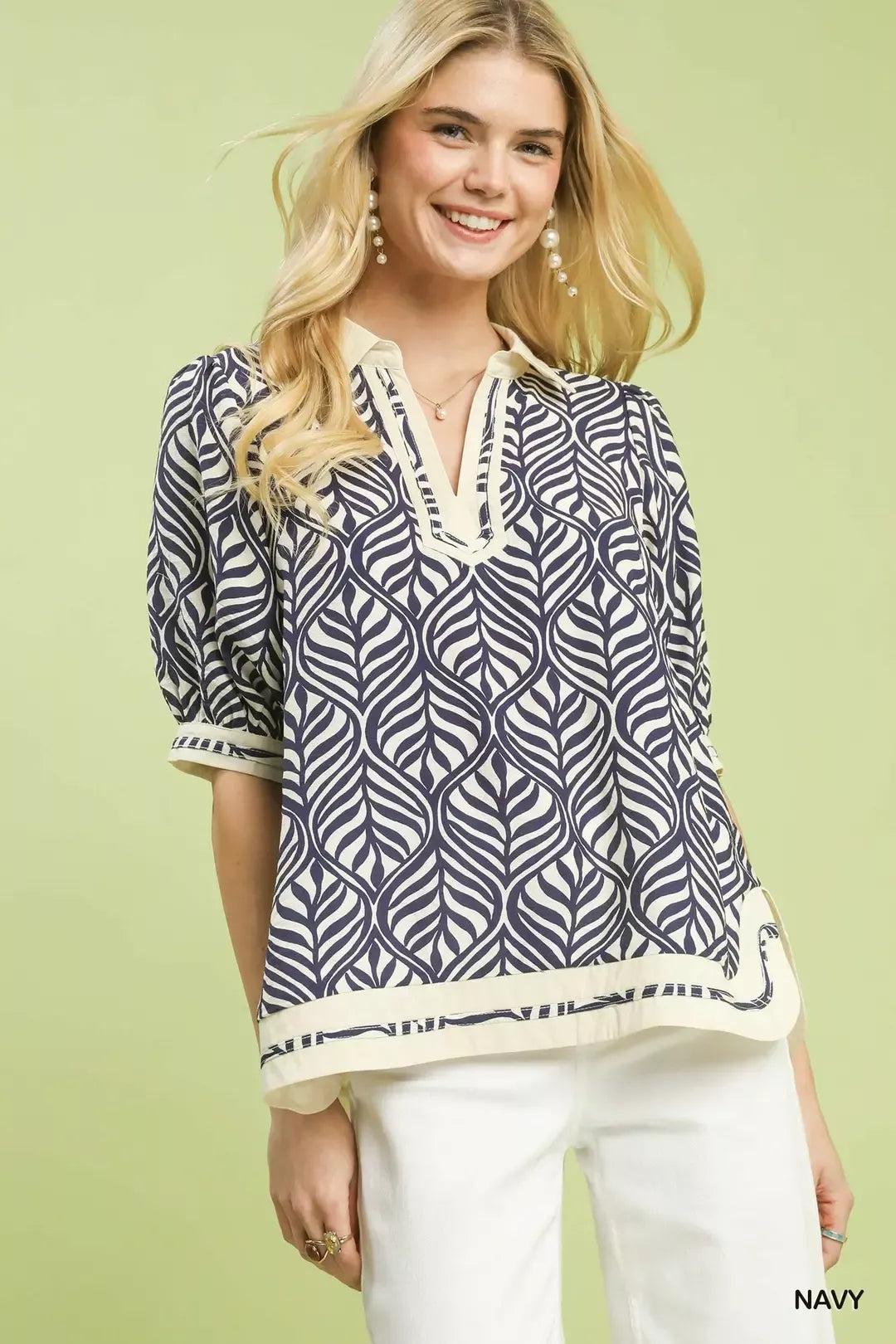 Umgee Geometric Leaf Print Popover Top