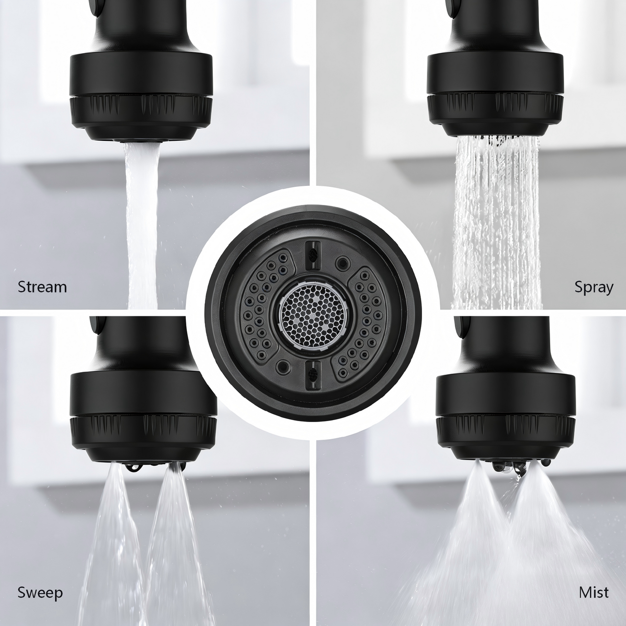 Kitchen Faucet with Pull Down Sprayer and 4 Spraying Modes Single Handle Commercial Spring Kitchen Sink Faucet Matte Black 1 or 3 Hole