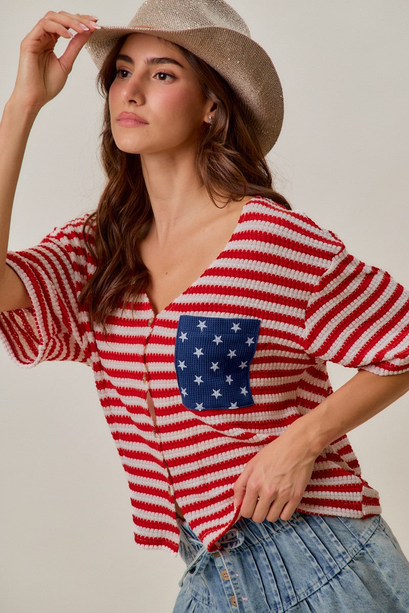 SO ME Stripe Waffle Knit Fourth Of July Cardigan Top