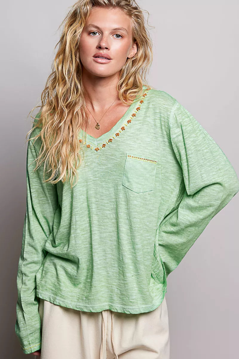 POL V-Neck Contrast Stitch Lightweight Knit Long Sleeve Top