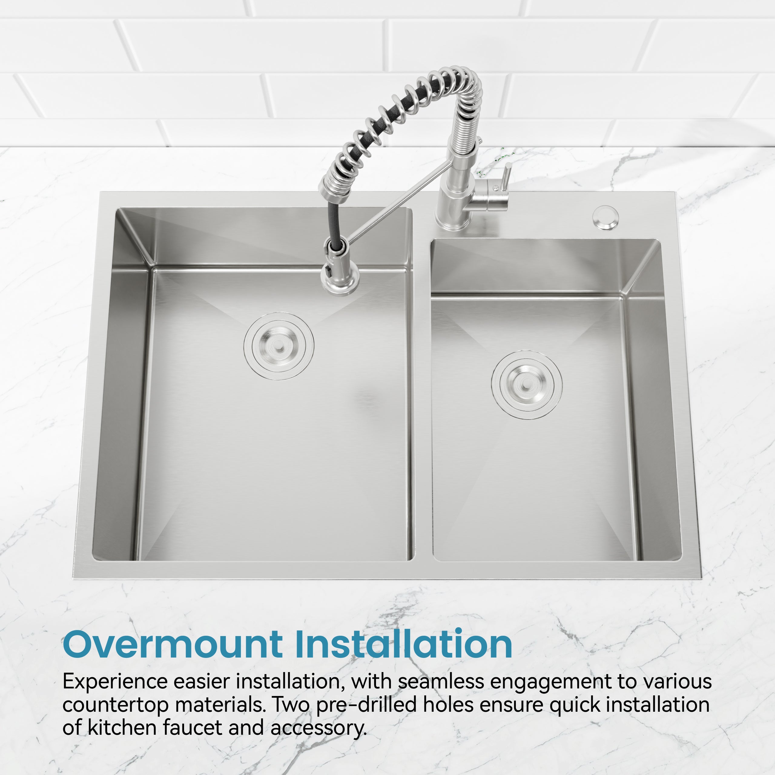 33'x19' Embedded Double Bowl Kitchen Sink, Overmount Handmade Sink in Brushed (Sink only)