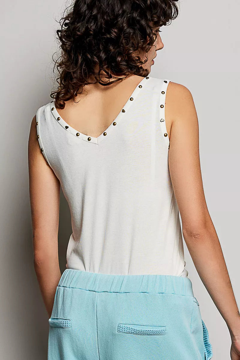 POL Studded Trim Button-Front Ruffle Detail Tank