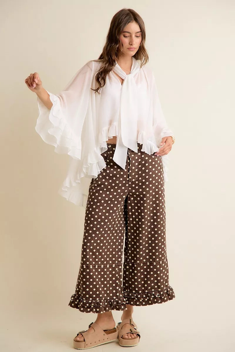 SO ME Sheer Ruffle Bell Sleeves Bow Tie Flowy Blouse Top