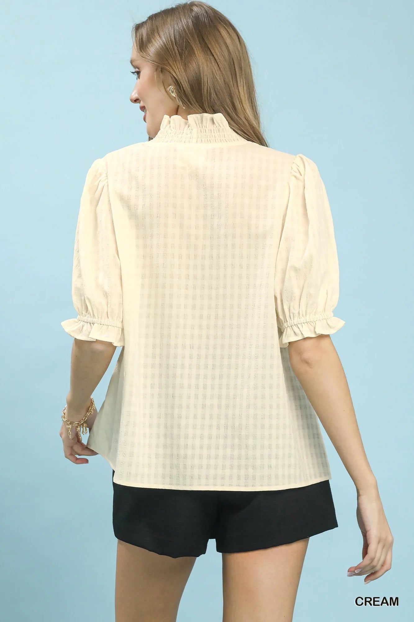 Umgee Textured Check Ruffle V-Neck Blouse
